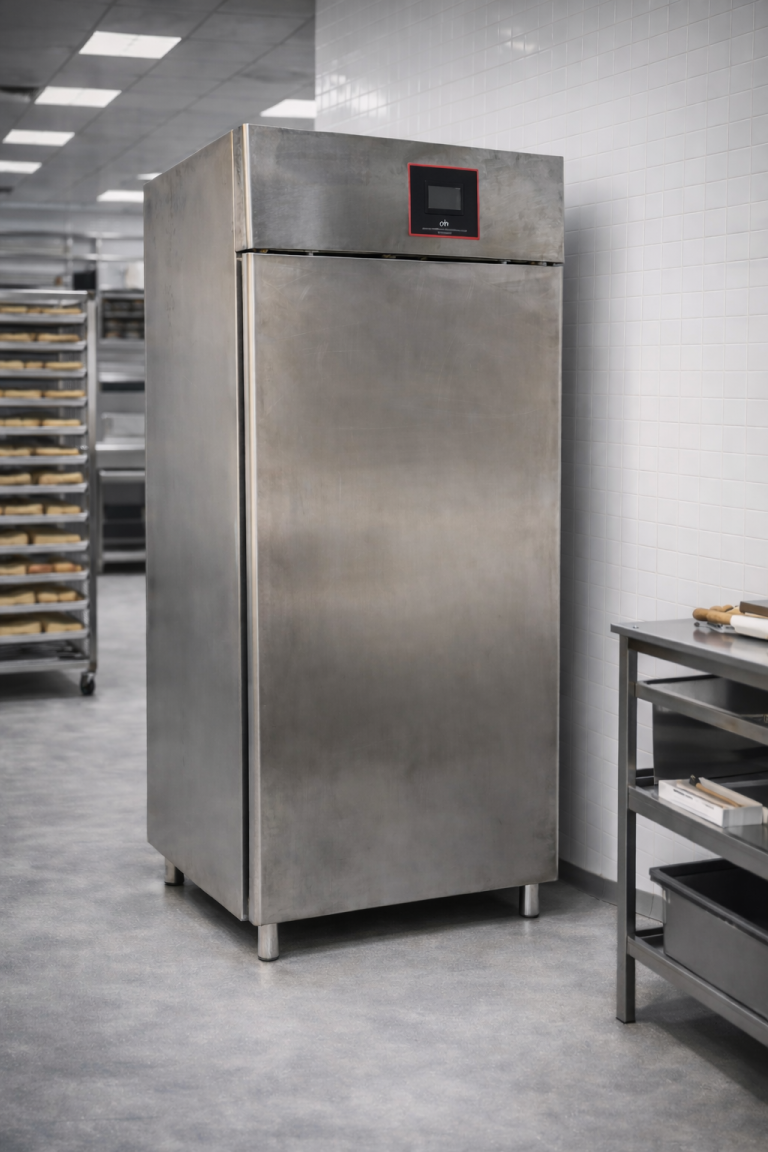 Cella professionale CHS in acciaio inox per panificio, senza maniglia, con controllore elettronico touch integrato nella parte superiore, installata in laboratorio di panificazione moderno.