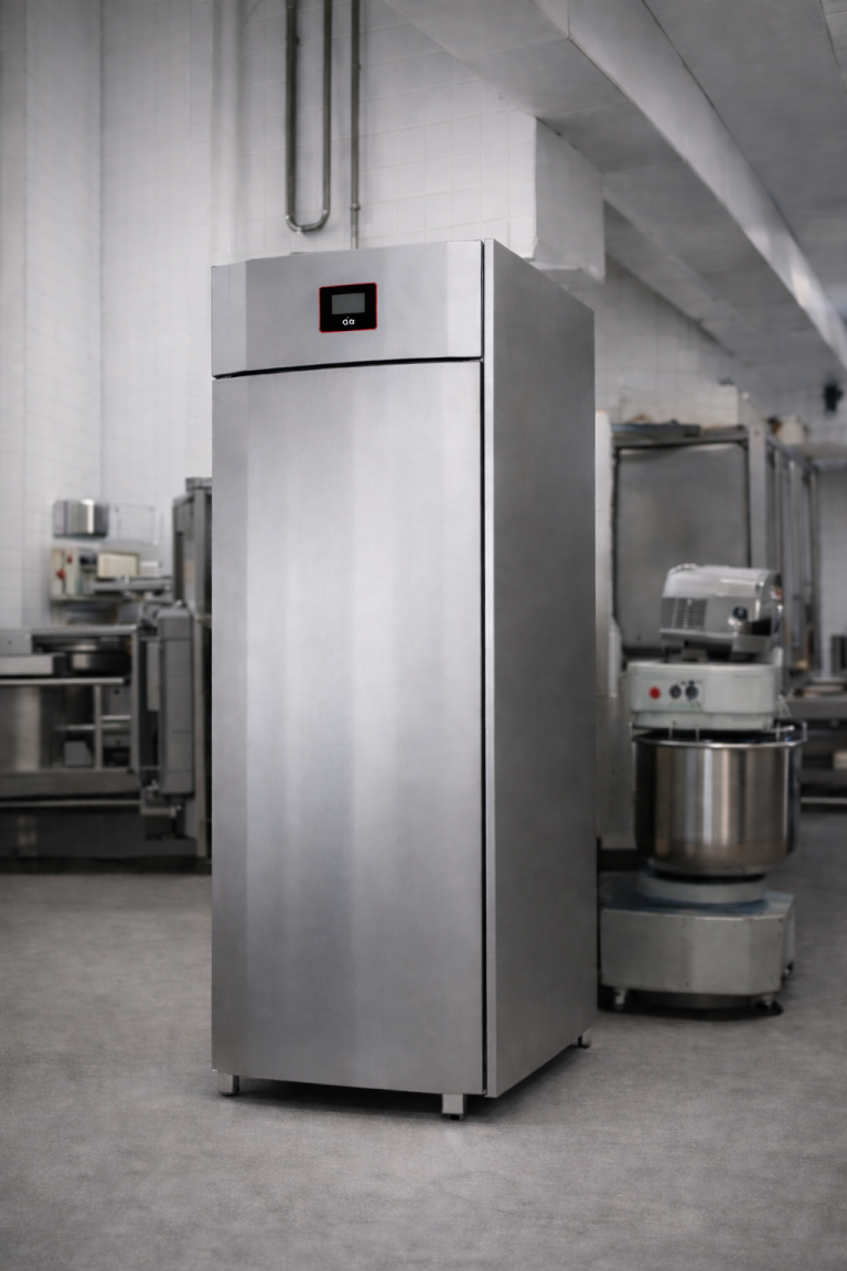 Cella professionale CHS in acciaio inox per panificio, con controllore elettronico touch integrato nella parte superiore, installata in laboratorio di panificazione moderno.