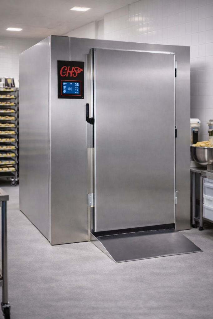 Cella frigorifera professionale CHS in acciaio inox con controllore elettronico touch, installata in laboratorio di panificazione moderno con attrezzature inox e luce uniforme.