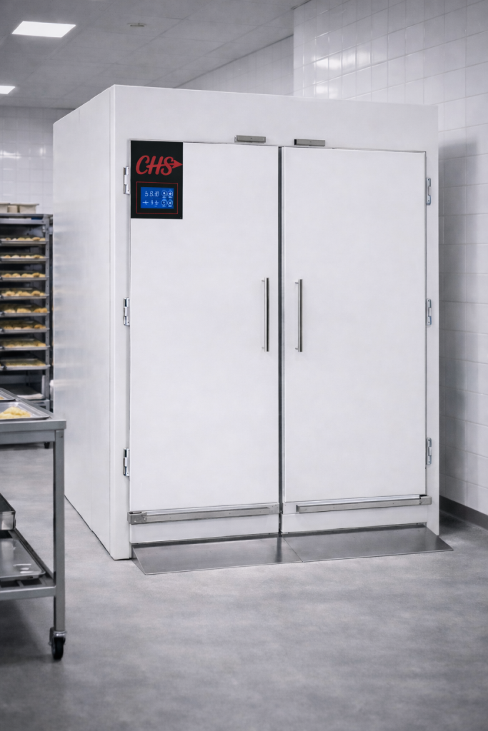 Cella frigorifera professionale CHS a doppia porta in acciaio inox, con controllore elettronico touch integrato su adesivo nero verticale, installata in laboratorio di panificazione moderno.