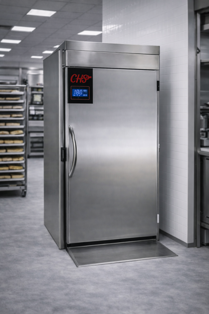 Cella frigorifera professionale CHS in acciaio inox con controllore elettronico touch integrato su adesivo nero verticale, installata in laboratorio di panificazione moderno.