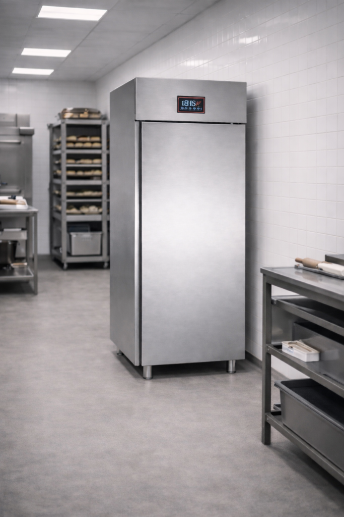 Cella frigorifera professionale in acciaio inox con controllore elettronico touch integrato su adesivo nero con cornice rossa sottile, installata in laboratorio di panificazione moderno.