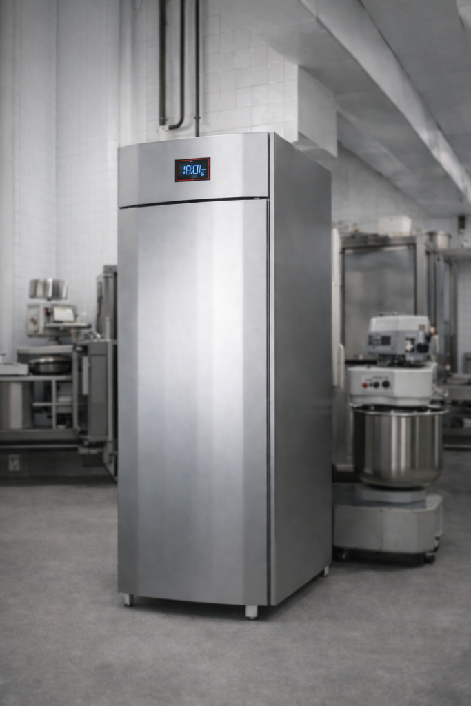Cella frigorifera professionale in acciaio inox con controllore elettronico touch integrato su adesivo nero con cornice rossa, installata in laboratorio di panificazione moderno.