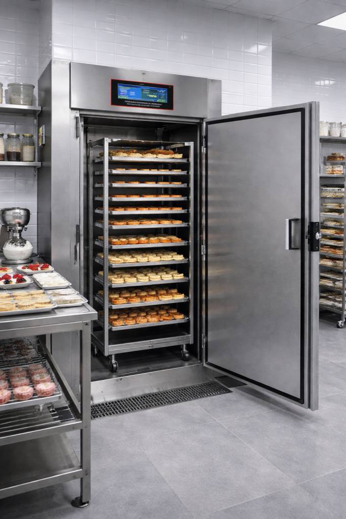 Abbattitore di temperatura professionale per panificazione chs roll-in in acciaio inox in laboratorio di pasticceria moderno, con porta aperta e carrello portateglie carico di prodotti da forno, ambiente professionale illuminato e attrezzato per lavorazioni artigianali.