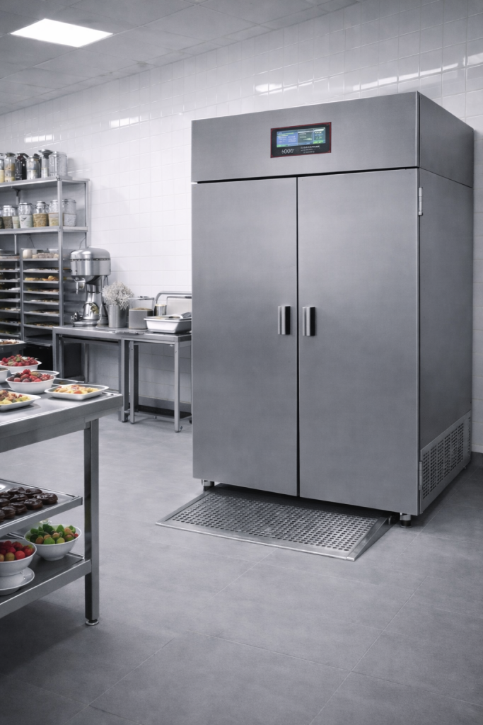 Abbattitore professionale per panificazione CHS in acciaio inox con porte chiuse e controllore elettronico touch integrato, installato in laboratorio di pasticceria moderno con tavoli e attrezzature inox.