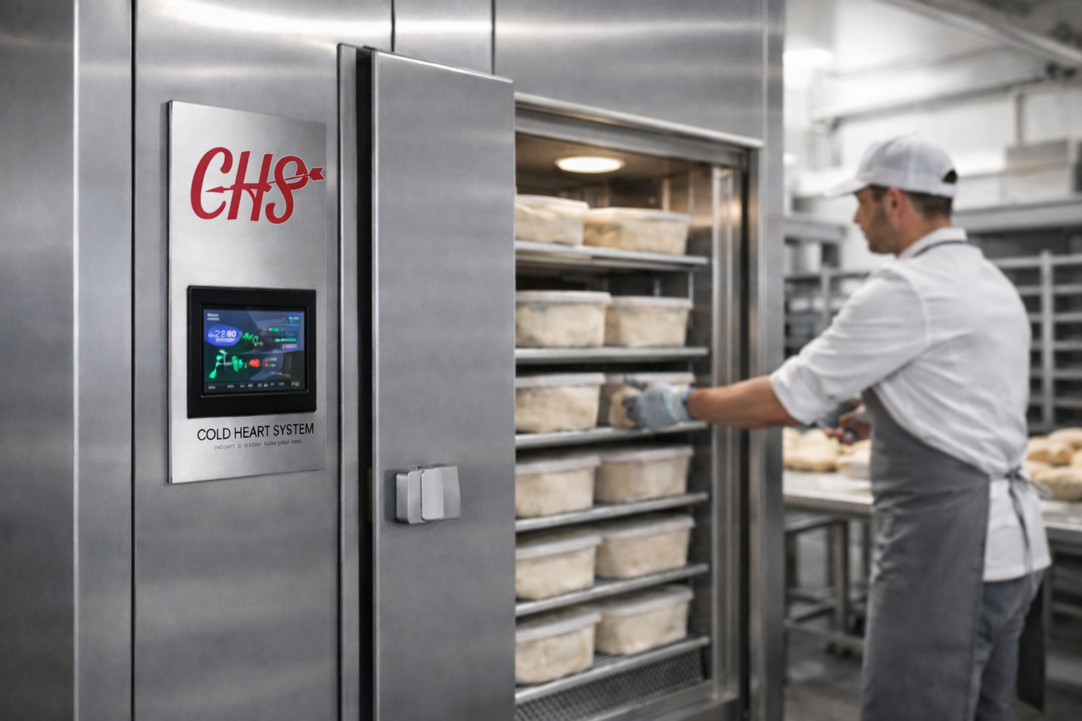 Abbattitore professionale CHS in acciaio inox all’interno di un laboratorio di pasticceria moderno, con porta aperta e teglie di impasto su carrelli interni; un operatore in abbigliamento professionale programma il controllore elettronico touch integrato sulla macchina.
