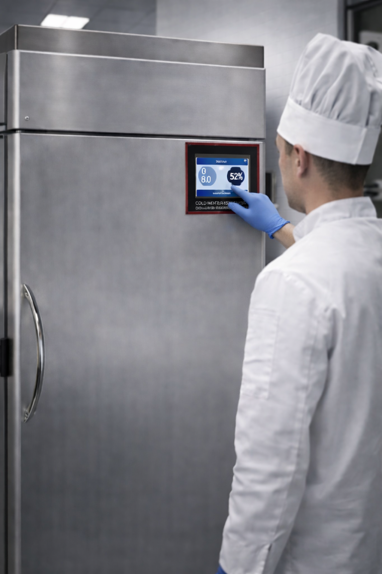 Operatore in laboratorio alimentare che utilizza il controllore elettronico touch di una cella frigorifera professionale