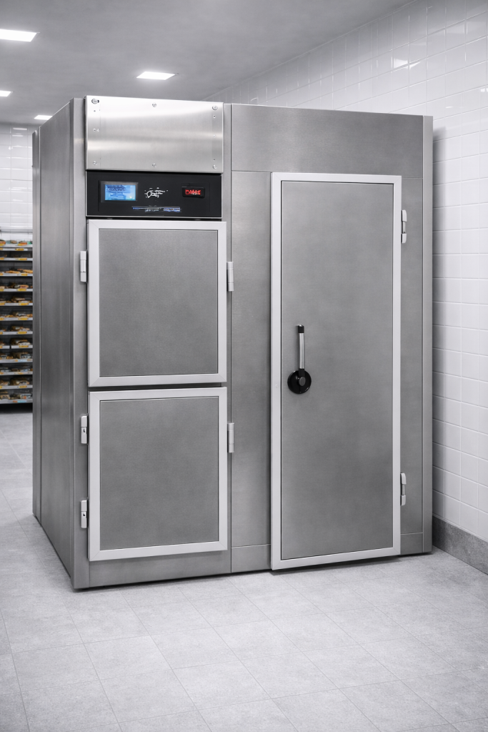 Cella frigorifera modulare CHS in acciaio inox, a più vani, installata in laboratorio professionale per panifici e pasticcerie, con controllo elettronico integrato.