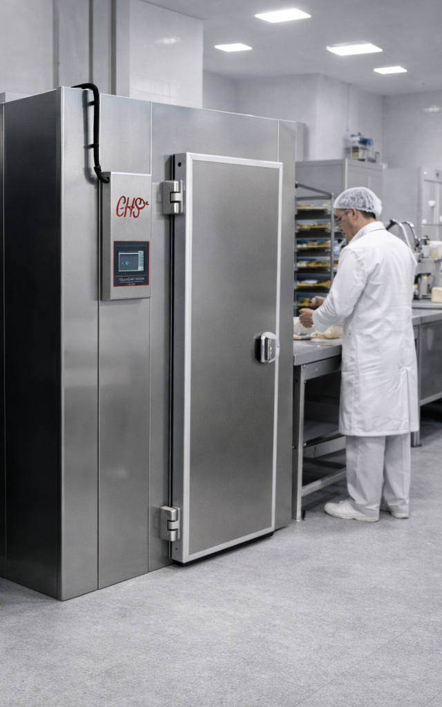 Celle frigorifere professionali CHS in acciaio inox installate in laboratorio moderno di panificio, con operatori al lavoro e controllo elettronico integrato.