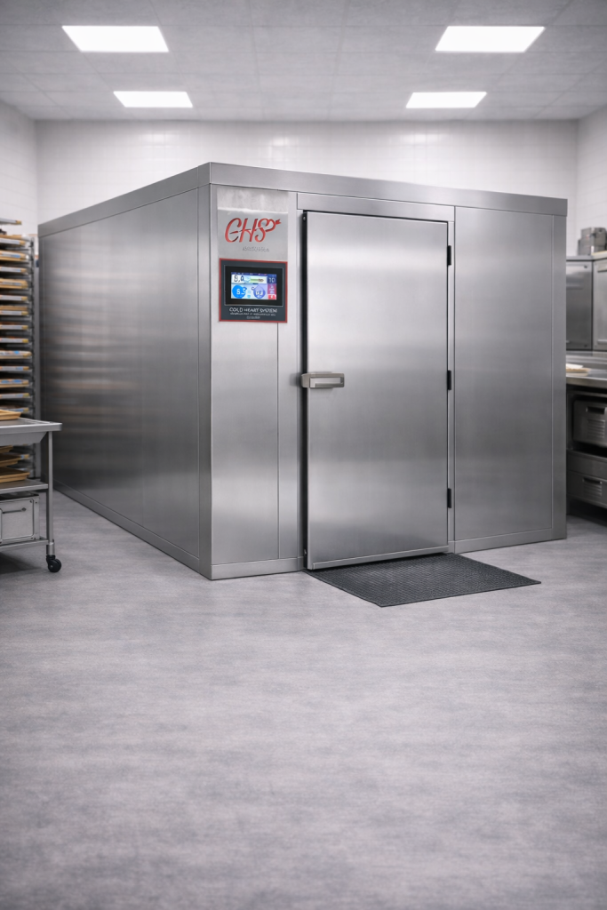 Cella frigorifera modulare CHS in acciaio inox per panifici e pasticcerie, con controllore elettronico Cold Heart System integrato.