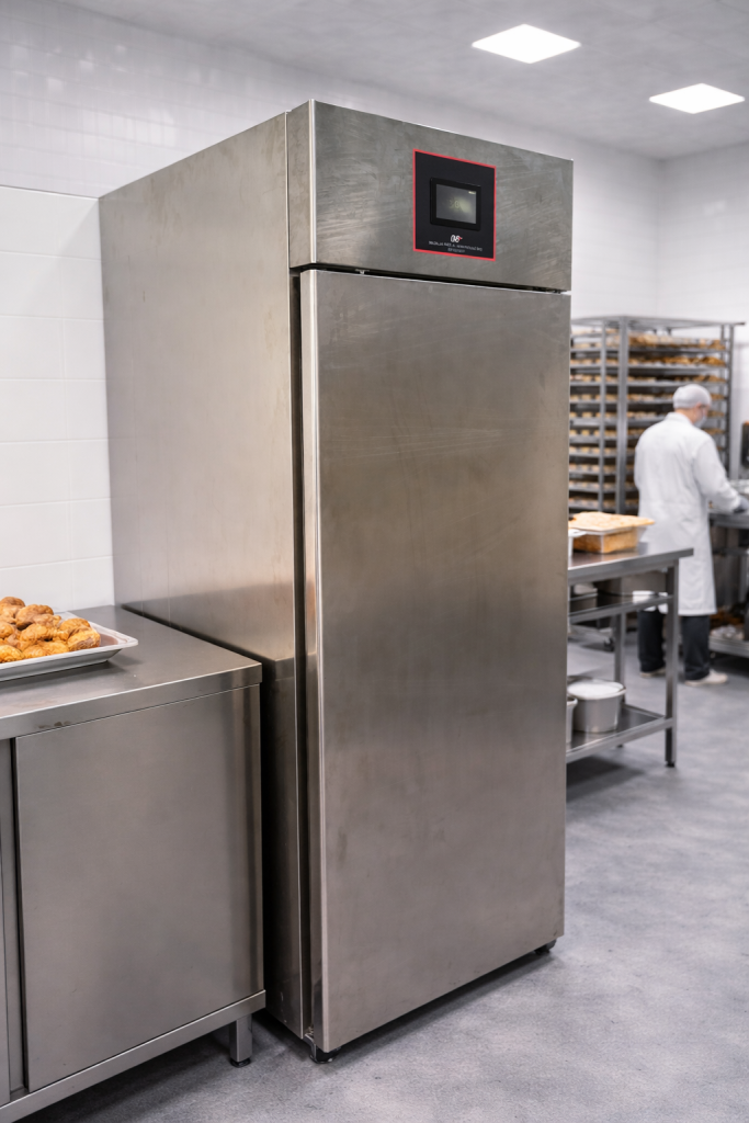 Armadio frigorifero professionale CHS in acciaio inox con controllore Cold Heart System, installato in laboratorio di pasticceria e panificio