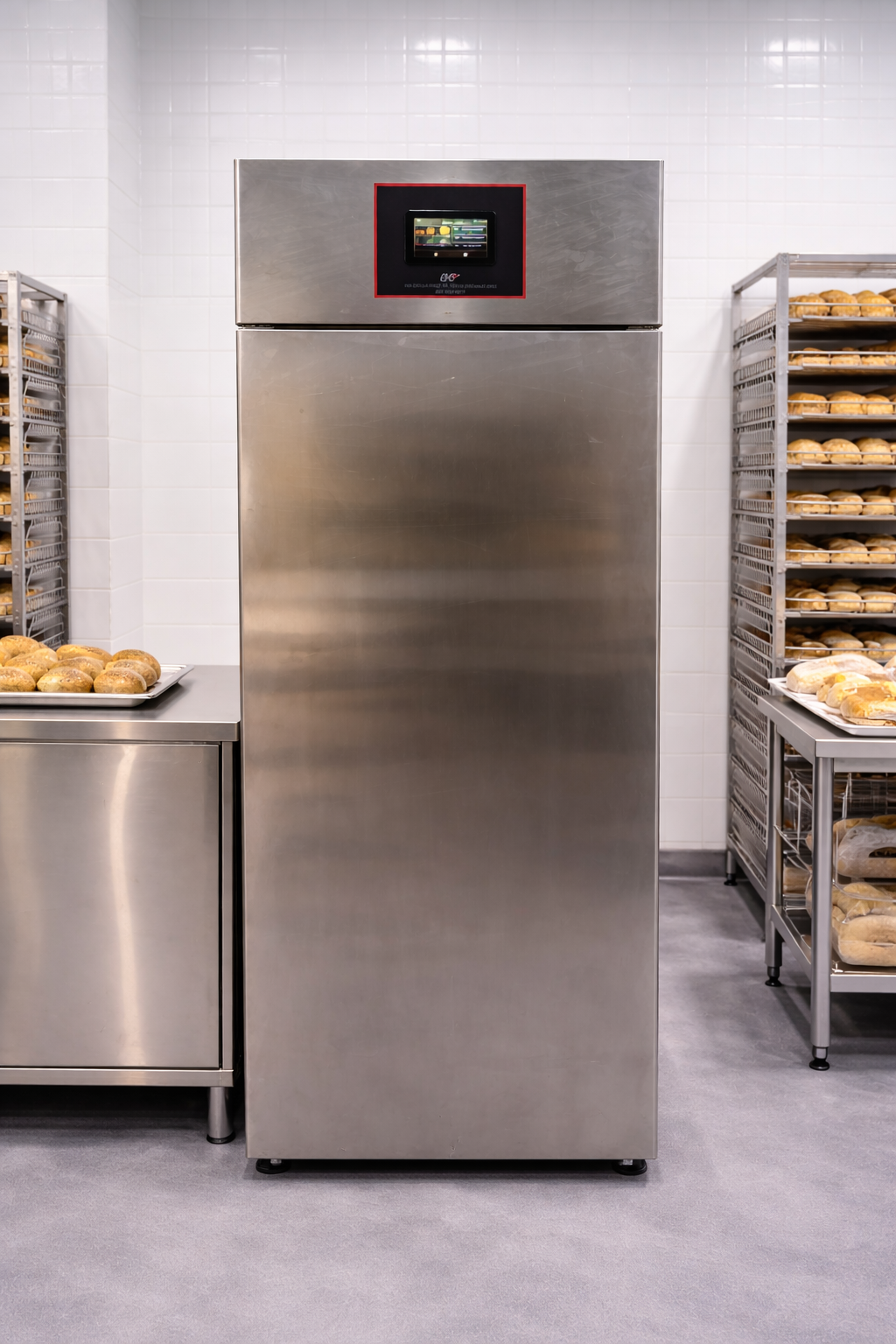 Armadio frigorifero professionale CHS in acciaio inox con controllore Cold Heart System, installato in laboratorio moderno di panificio, vista frontale