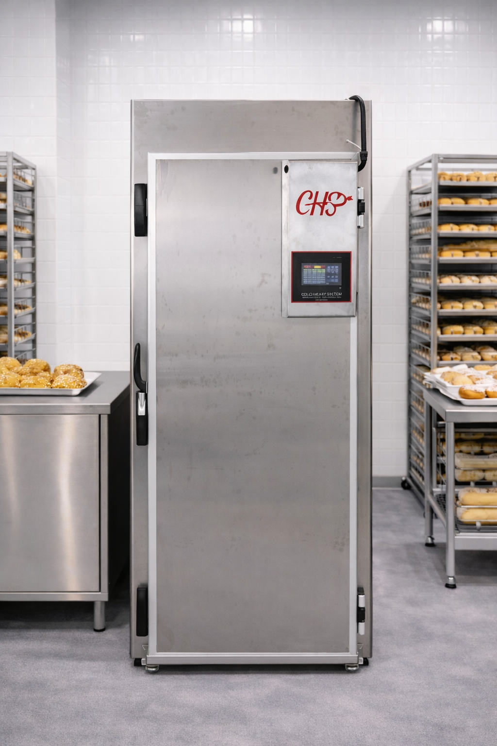 Abbattitore Roll in CHS in acciaio inox con controllore elettronico Cold Heart System, installata in laboratorio moderno di panetteria, vista frontale.