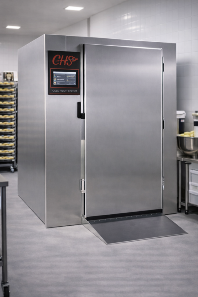 Cella frigorifera professionale CHS in acciaio inox con controllore elettronico touch Cold Heart System, installata in laboratorio di panificazione moderno.