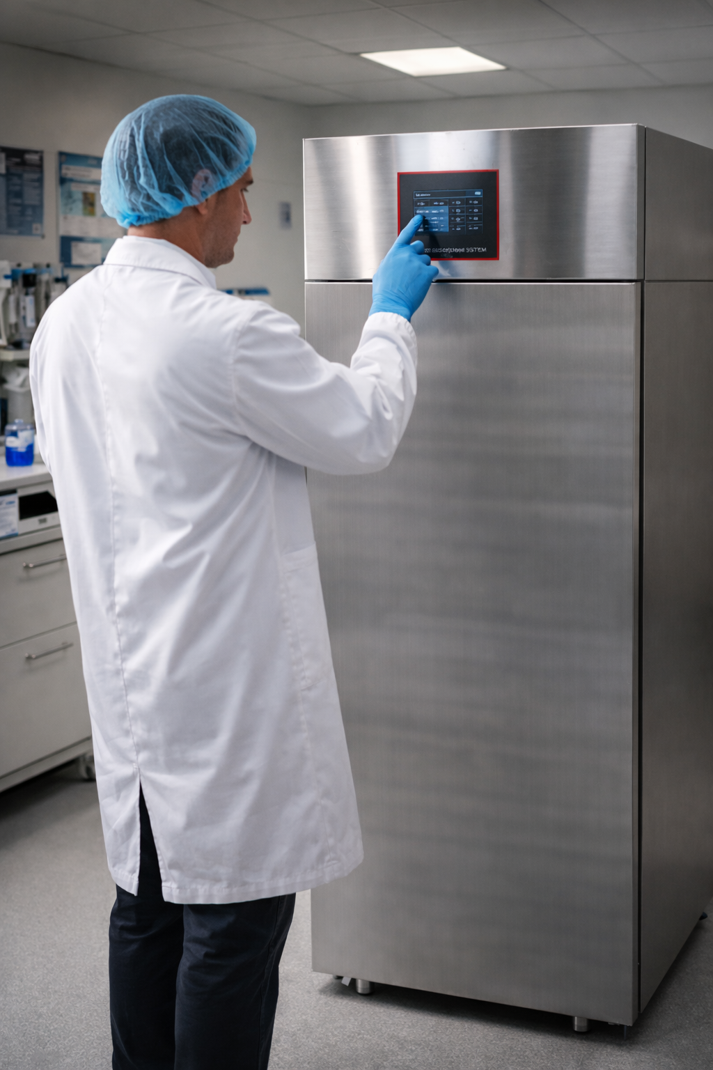 Operatore utilizza armadio fermalievitazione CHS in laboratorio professionale